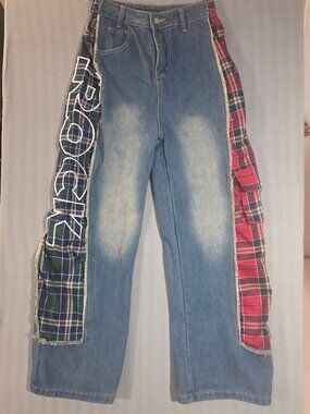 SHEIN Rock Patchwork Jeans Punk Grunge Plaid Wide Leg - Size S